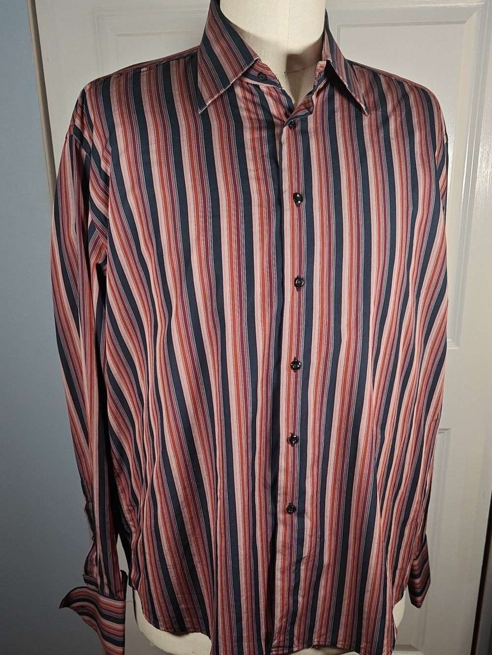 Debe Collezione Mens Vertical Stripe French Cuff Dress Shirt Rust Black XXL